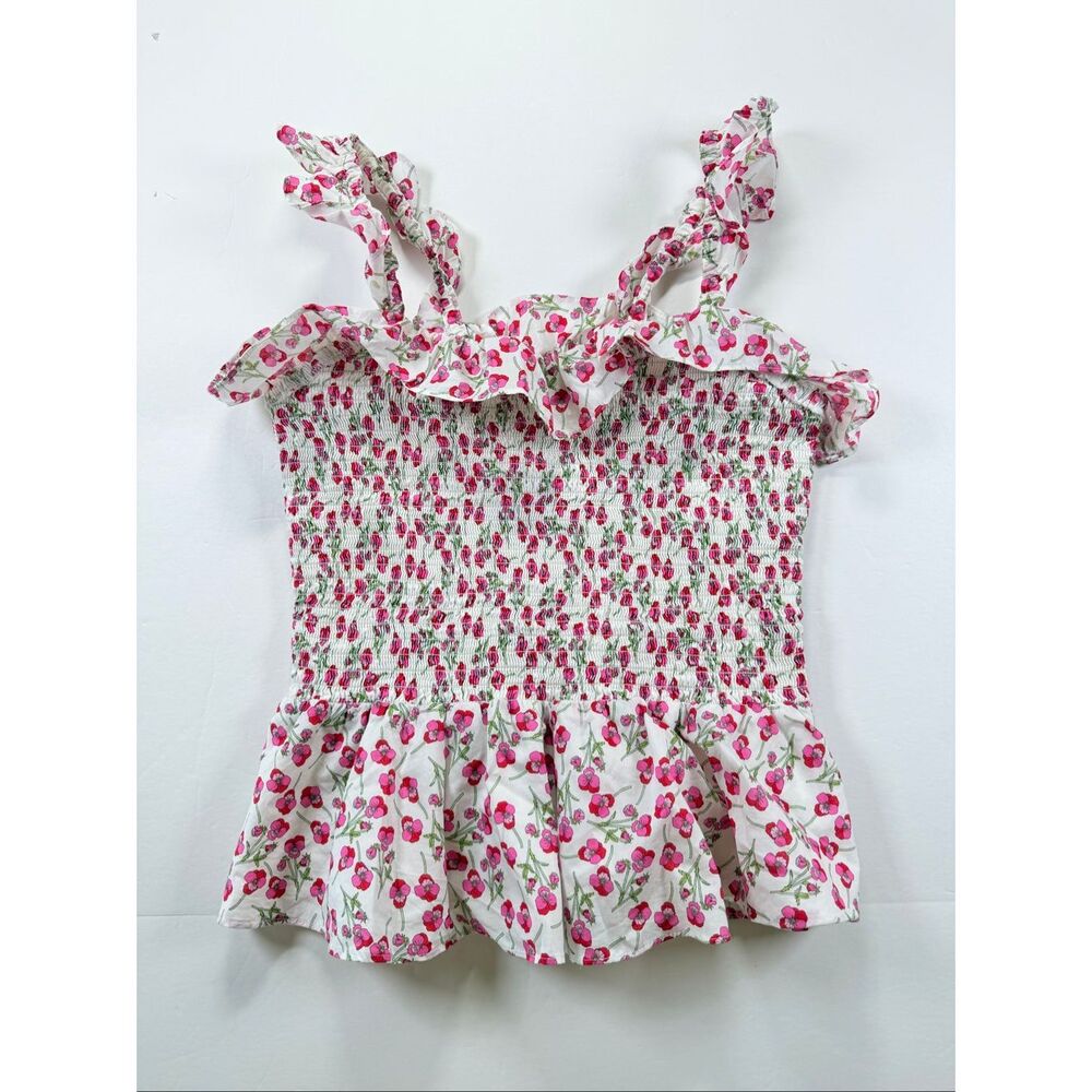 J.Crew Liberty Fabric Floral Smocked Ruffle Top XXS White Pink Cotton Preppy EUC - Picture 1 of 8